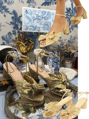 🆕 LOEFFLER RANDALL 🧿 NWOB Dahlia Pleated Bow Mid Heel, Gold Lamé - Sz 7
